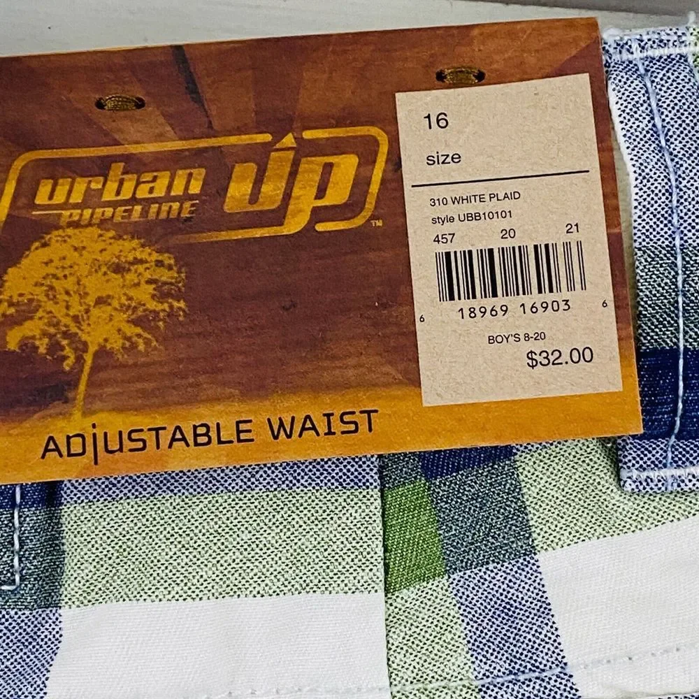 Youth Boys 16 Urban Pipeline Cargo Shorts Plaid Blue Green Belt 11